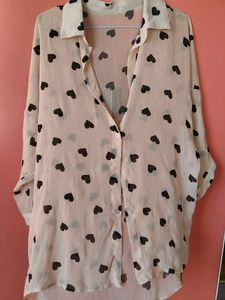 Sheer Heart Print Button-Up Shirt