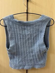 Blue Fuzzy V-Neck Crop Top