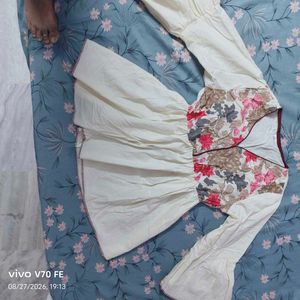 Cream Bell Sleeve Kurta with Floral Print