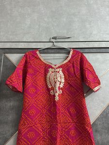 Vibrant Pink Bandhani Kurta with Embellished Neckl