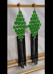 Green Beaded Drop Earrings with Black Chains