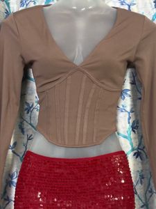 Taupe Corset Style Long Sleeve Top