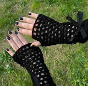 Black Crochet Fingerless Gloves with Bow