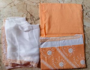 Orange &amp; White Embroidered Dress Material with Dup