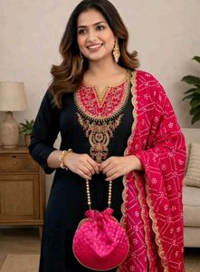 Women Orange Kurta with Blue Dupatta