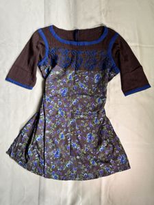 Brown Floral Kurta with Blue Embroidery
