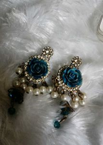 Exquisite Teal Rose Pearl Earrings