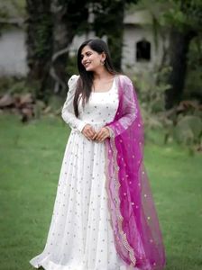 Elegant White Embellished Gown with pink Dupatta