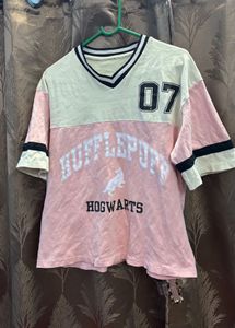 Off white And Pink Down Shoulder Tshirt