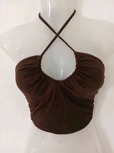 Chic Brown Ruched Halter Top