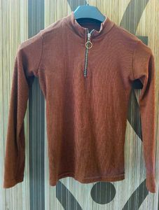 Brown Long Sleeve Top with Zipper Detail