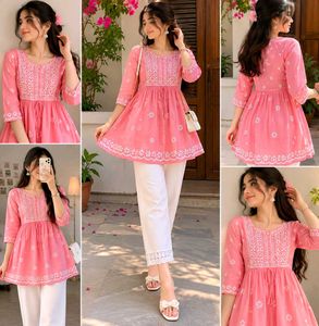 Pink Chikankari Short Kurti | Embroidered Cotton K