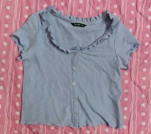 Zudio Blue Textured Ruffle Neck Top