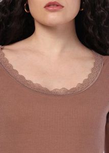 Brown Ribbed Top with Lace Trim