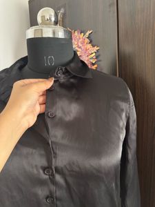 Sleek Black Satin Button-Up Shirt