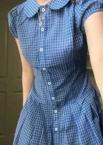 y2k cute Blue Plaid Button-Up Dress
