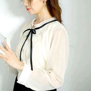 Sheer White Blouse with Black Ribbon Detail