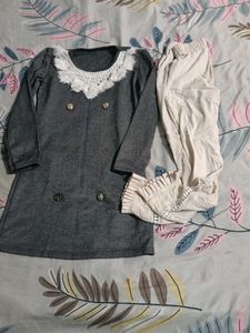 Girls Grey Kurta Set with Lace Detail