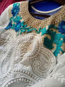 Party Wear White &amp; Blue Embroidered Kurta Plazzo,