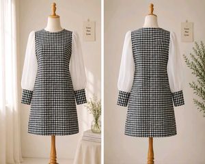Chic Houndstooth Mini Dress with Sheer Sleeves