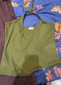 Olive Green Halter Neck Ribbed Top