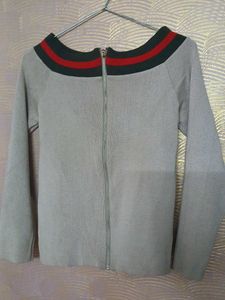 Gray Knit Sweater with Striped Collar