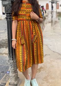 Women rayon Orange Foil Printed Knee Length Skater Dress