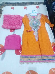 Orange Embroidered Kurta Set with Pink Dupatta