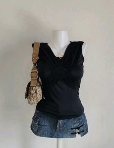 Vintage Black V-Neck Ruched Top