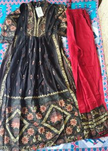Elegant Black Kurta with Red Pants Set