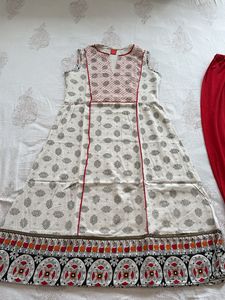Elegant Cream & Red Kurti Set Branded Linen