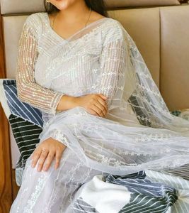 White Net Sequins Saree With Unstitched Blouse