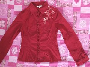 Red Embroidered Collared Chinese Shirt