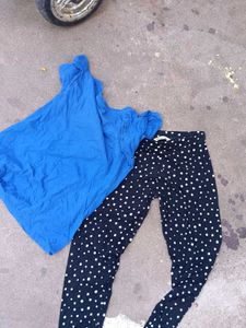 Cute Blue Lemon Print Top &amp; Polka Dot Pants Set