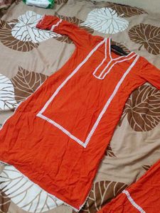 Orange Kurta with White Lace Trim