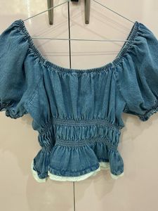 Denim Off-Shoulder Puff Sleeve Top