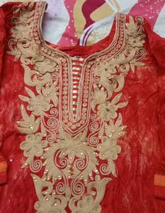 Red Saree with Frayed Detail