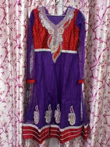 Elegant Purple & Red Anarkali Suit Front Velvet