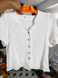 Korean Style White Textured Button Top