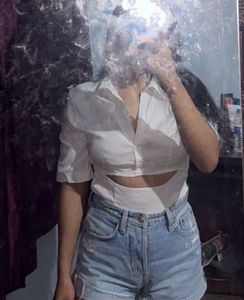 Zara White Linen-Blend Cutout Button-Up Bodysuit