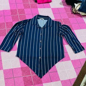 Chic Navy & White Striped Button-Up Top