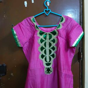 Pink Kurta Set with Green Embroidery