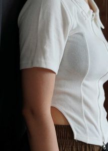 White Zip-Up Collared Crop Top