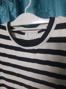 Denim Dress With Black And White Stripes