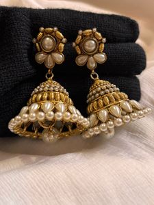 Elegant Pearl &amp; Gold Jhumka Earrings