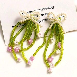 Boho Beaded Flower Dangle Earrings💚🩷