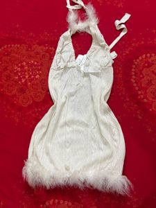 White Feather Trim Halter Neck Gown