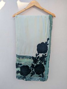 Blue Saree with Velvet Detailing | Festive Wear