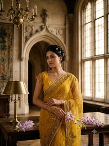 Stunning Yellow Embroidered Kundan Saree