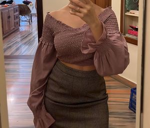 Smocked Off-Shoulder Bell Sleeve Crop Top